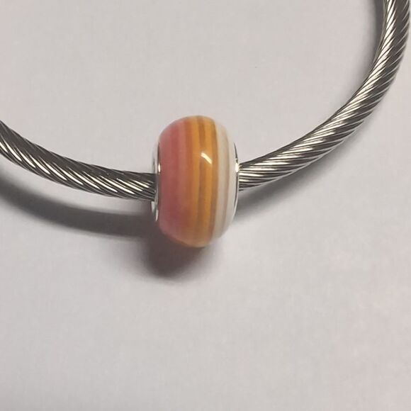 Pink Orange White Striped Charm for Pandora Style Bracelet - Picture 1 of 4